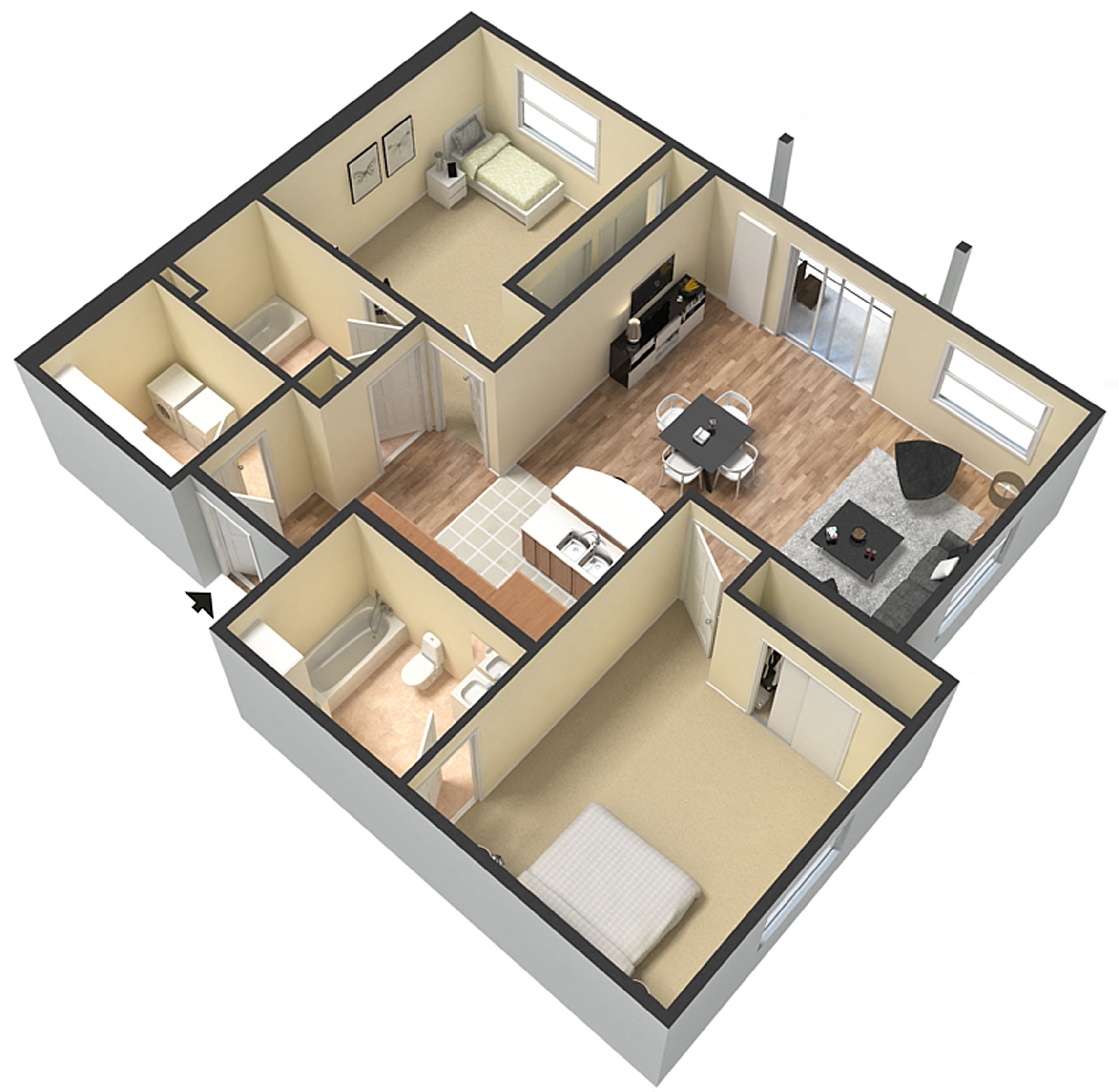 Floor plan for 2 beds, 2 baths, 1037 sqft